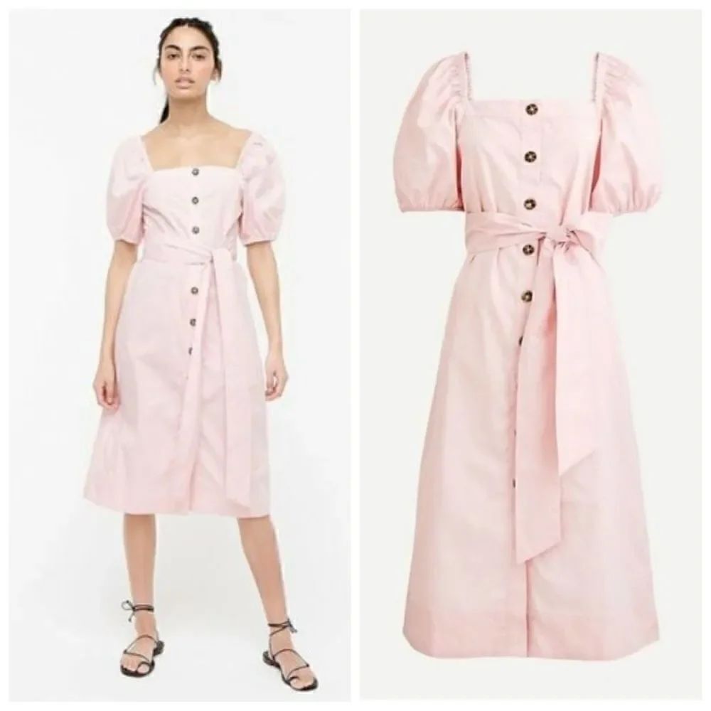 J.Crew Cottage Pink Puff Sleeves Midi Button Up Belted Dress Size XS